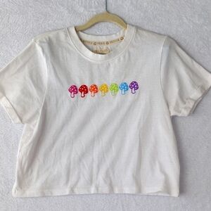 Recycled Threads‎ Rainbow Mushrooms Cropped T Shirt Size XS
